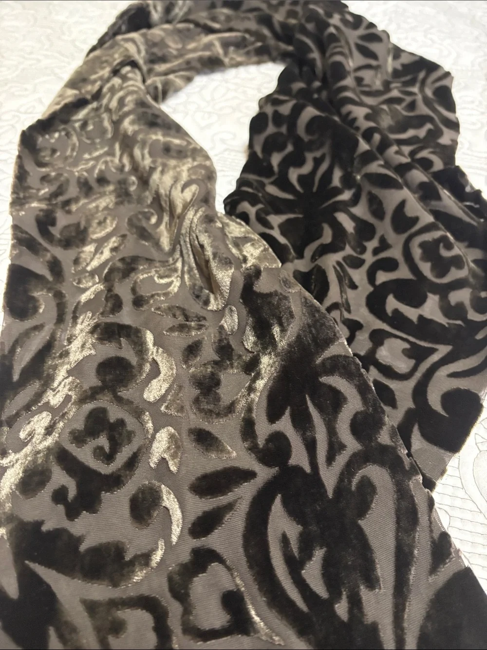 Summer Tompkins vintage Brown Velvet Flocked Scarf with Damask Pattern